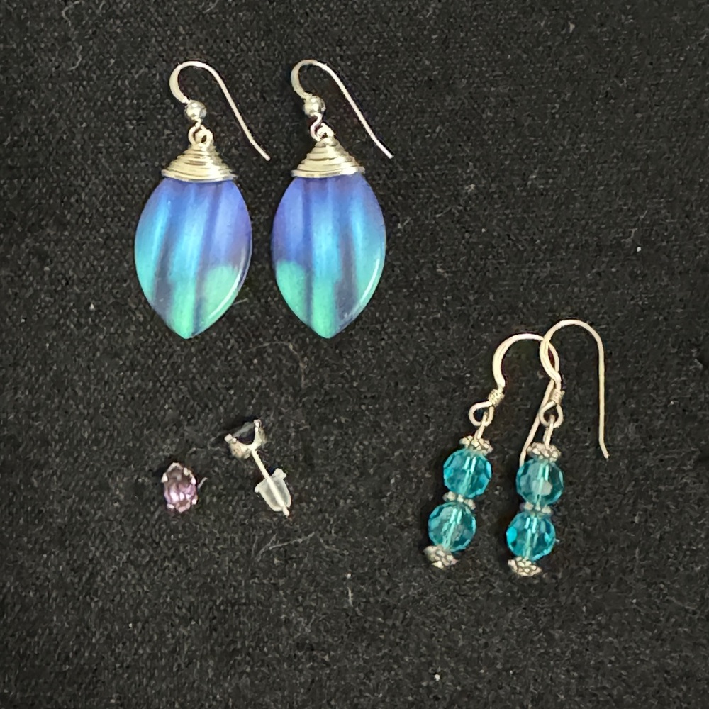 🩵 Mixed Earring Set – Blue Feather, Teal Beaded, & Amethyst Studs
